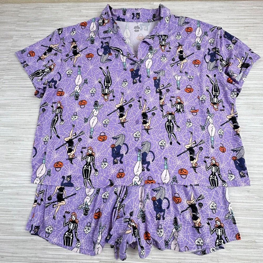 Women Halloween Pinup Witch Pajama Set Sz XL Two Piece Top Shorts Novelty Print